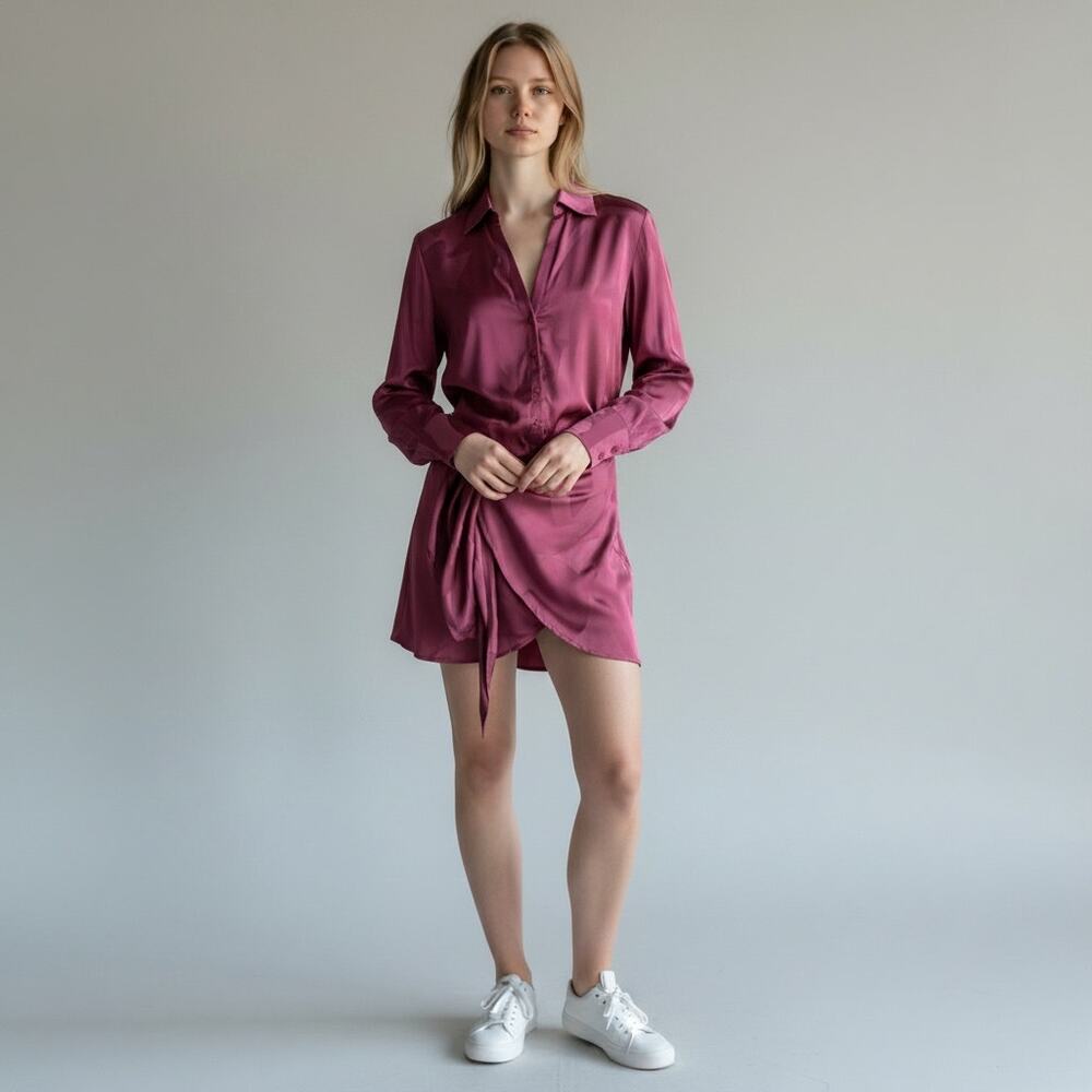 ba&sh Silk Look Wrap Shirt Dress Long Sleeve Mini Dress Size S 100% Viscose